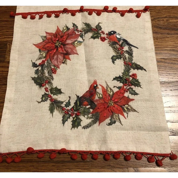 Christmas Cardinal Table Runner Wreath Poinsettia 13 X 69 Pom Poms - Picture 2 of 7